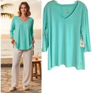 Women's Tunic Top Plus Size 1X Light Blue V-Neck 3/4 Sleeve Jersey Knit  Casual